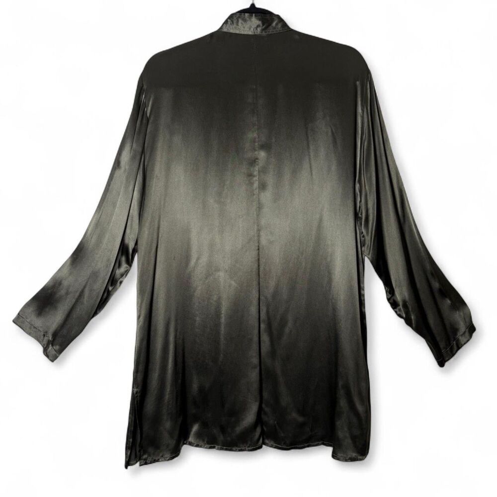 VTG 100% Rayon Olive Gunmetal Satin Button Oversized Blouse sz L / XL - Picture 4 of 9